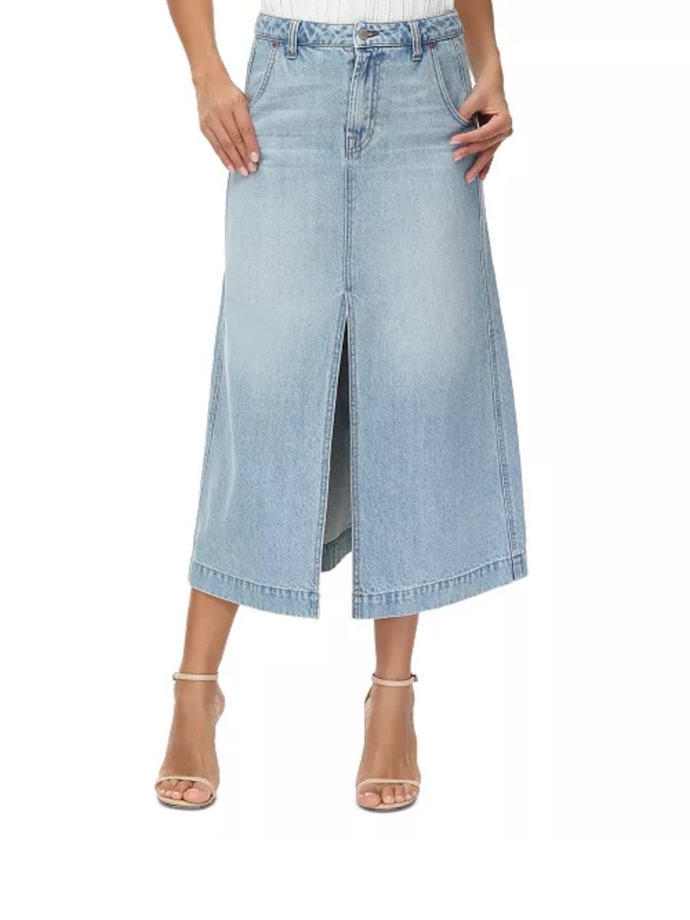 Frye Light Blue Denim Midi Skirt with Center Front Slit
